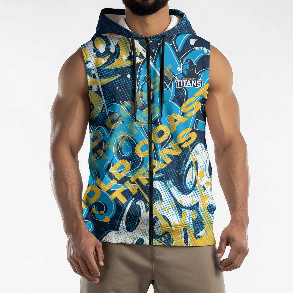 Personalized Gold Coast Titans Rugby Sleeveless Zip Hoodie Urban Street Graffiti Style - Distressed Splatter Elements