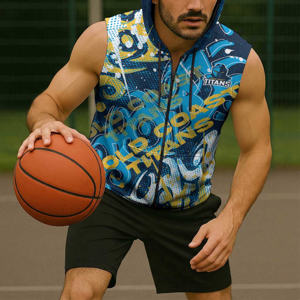Personalized Gold Coast Titans Rugby Sleeveless Zip Hoodie Urban Street Graffiti Style - Distressed Splatter Elements