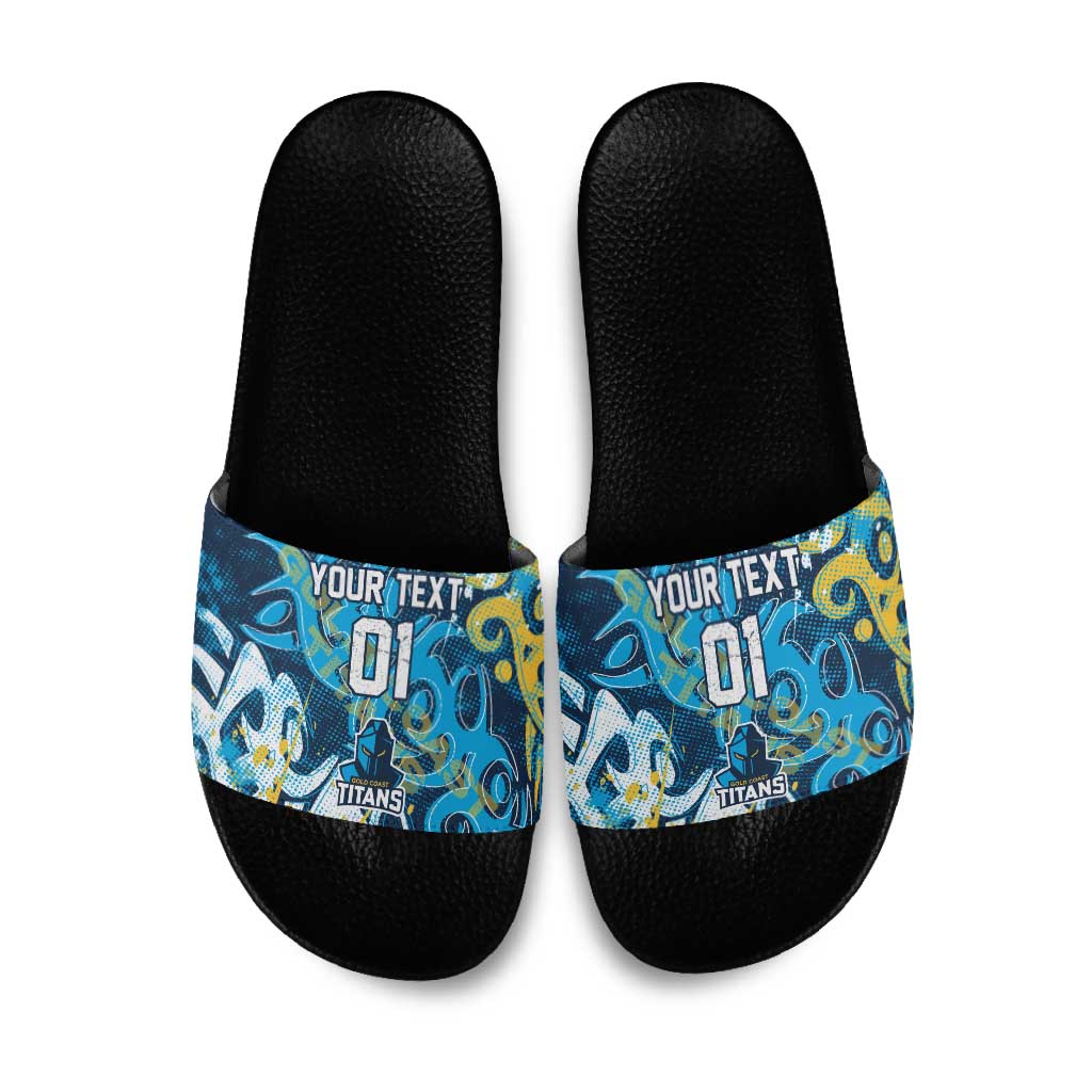 Personalized Gold Coast Titans Rugby Slide Sandals Urban Street Graffiti Style - Distressed Splatter Elements