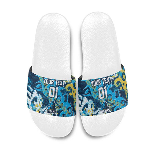 Personalized Gold Coast Titans Rugby Slide Sandals Urban Street Graffiti Style - Distressed Splatter Elements