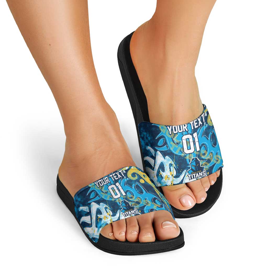 Personalized Gold Coast Titans Rugby Slide Sandals Urban Street Graffiti Style - Distressed Splatter Elements