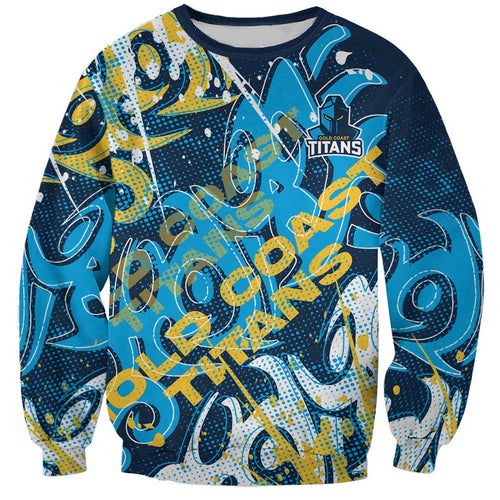 Personalized Gold Coast Titans Rugby Sweatshirt Urban Street Graffiti Style - Distressed Splatter Elements