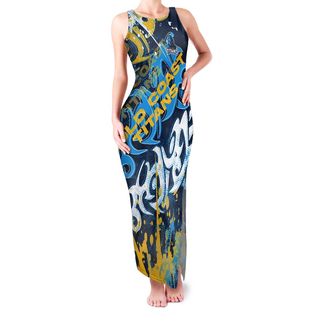 Personalized Gold Coast Titans Rugby Tank Maxi Dress Urban Street Graffiti Style - Distressed Splatter Elements