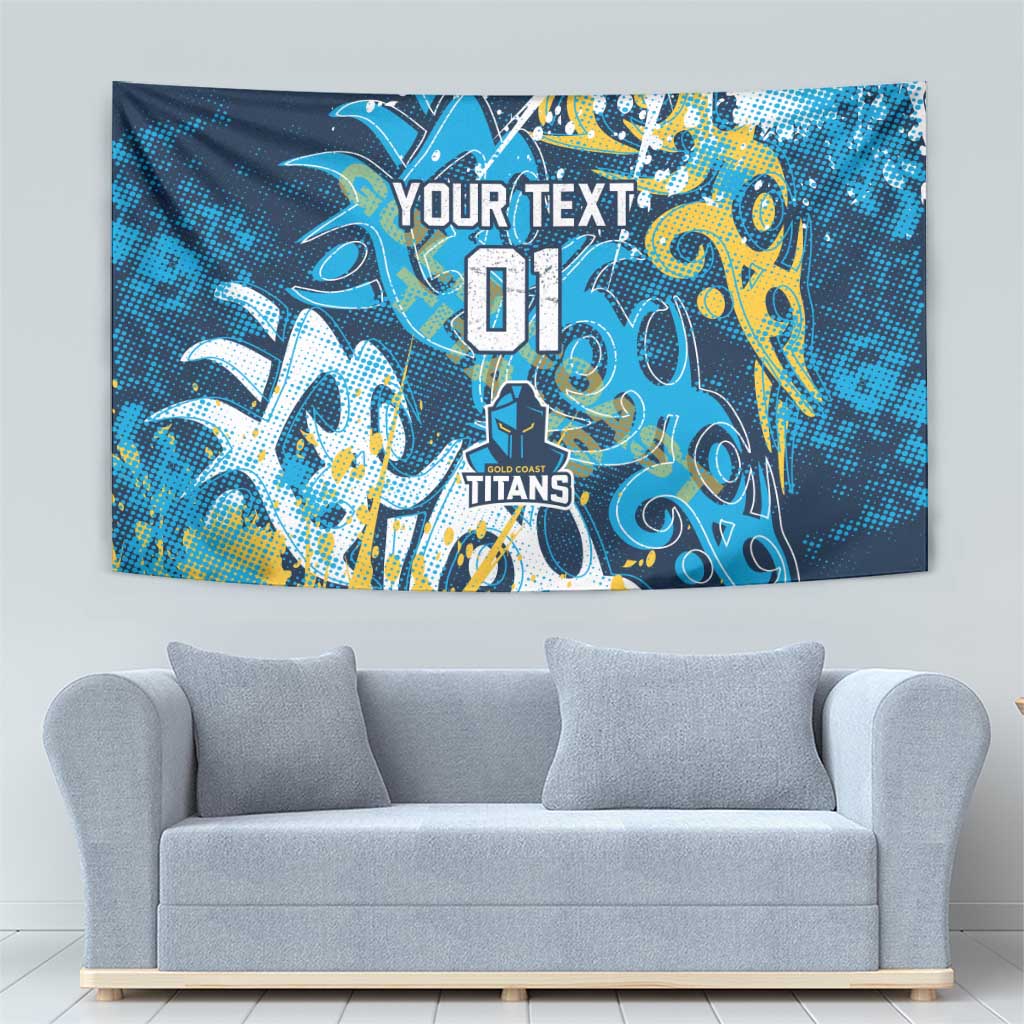 Personalized Gold Coast Titans Rugby Tapestry Urban Street Graffiti Style - Distressed Splatter Elements