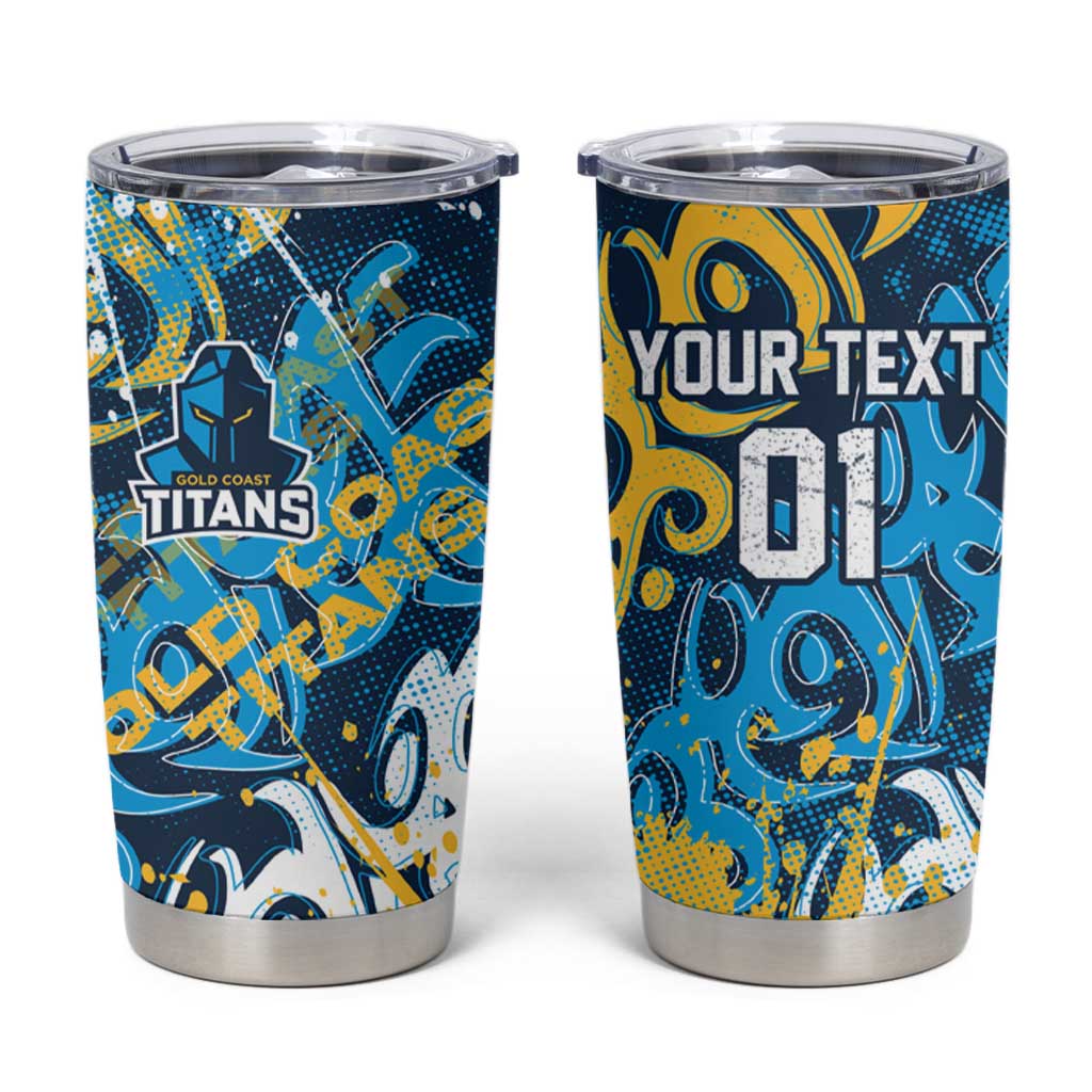 Personalized Gold Coast Titans Rugby Tumbler Cup Urban Street Graffiti Style - Distressed Splatter Elements
