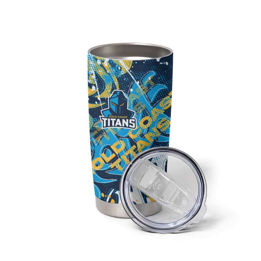 Personalized Gold Coast Titans Rugby Tumbler Cup Urban Street Graffiti Style - Distressed Splatter Elements