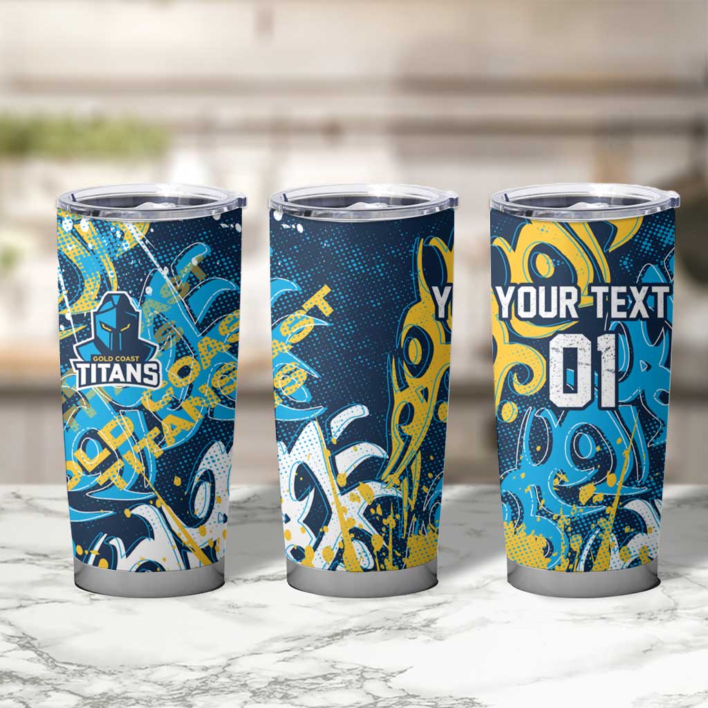 Personalized Gold Coast Titans Rugby Tumbler Cup Urban Street Graffiti Style - Distressed Splatter Elements