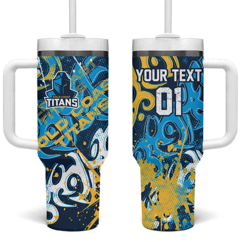 Personalized Gold Coast Titans Rugby Tumbler With Handle Urban Street Graffiti Style - Distressed Splatter Elements