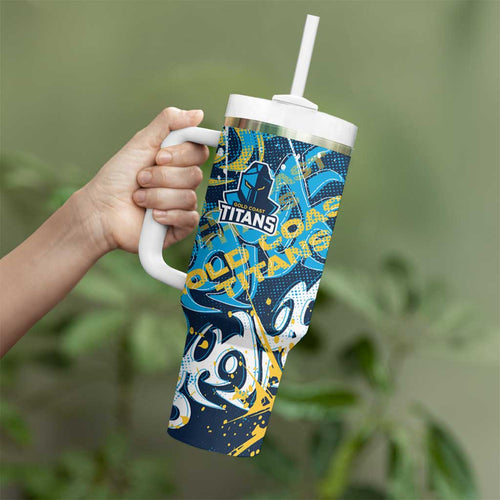 Personalized Gold Coast Titans Rugby Tumbler With Handle Urban Street Graffiti Style - Distressed Splatter Elements