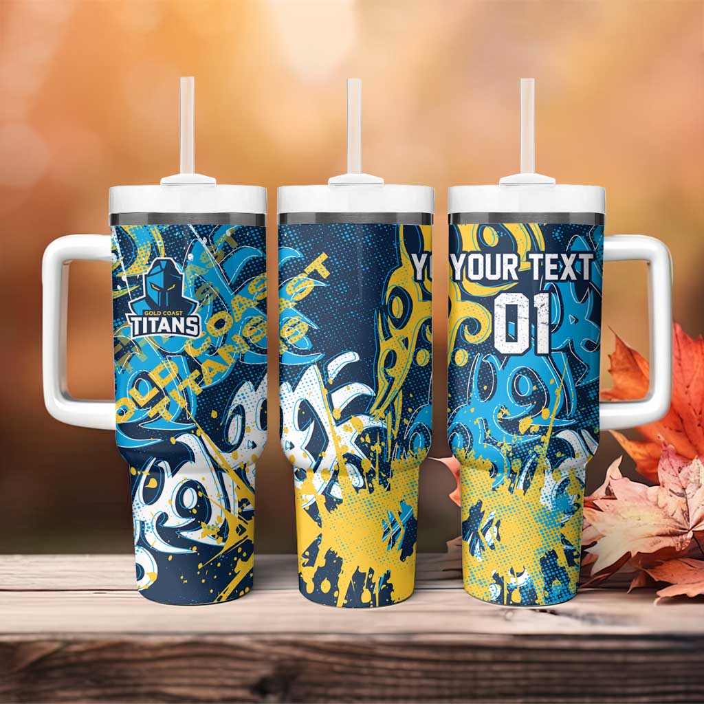Personalized Gold Coast Titans Rugby Tumbler With Handle Urban Street Graffiti Style - Distressed Splatter Elements