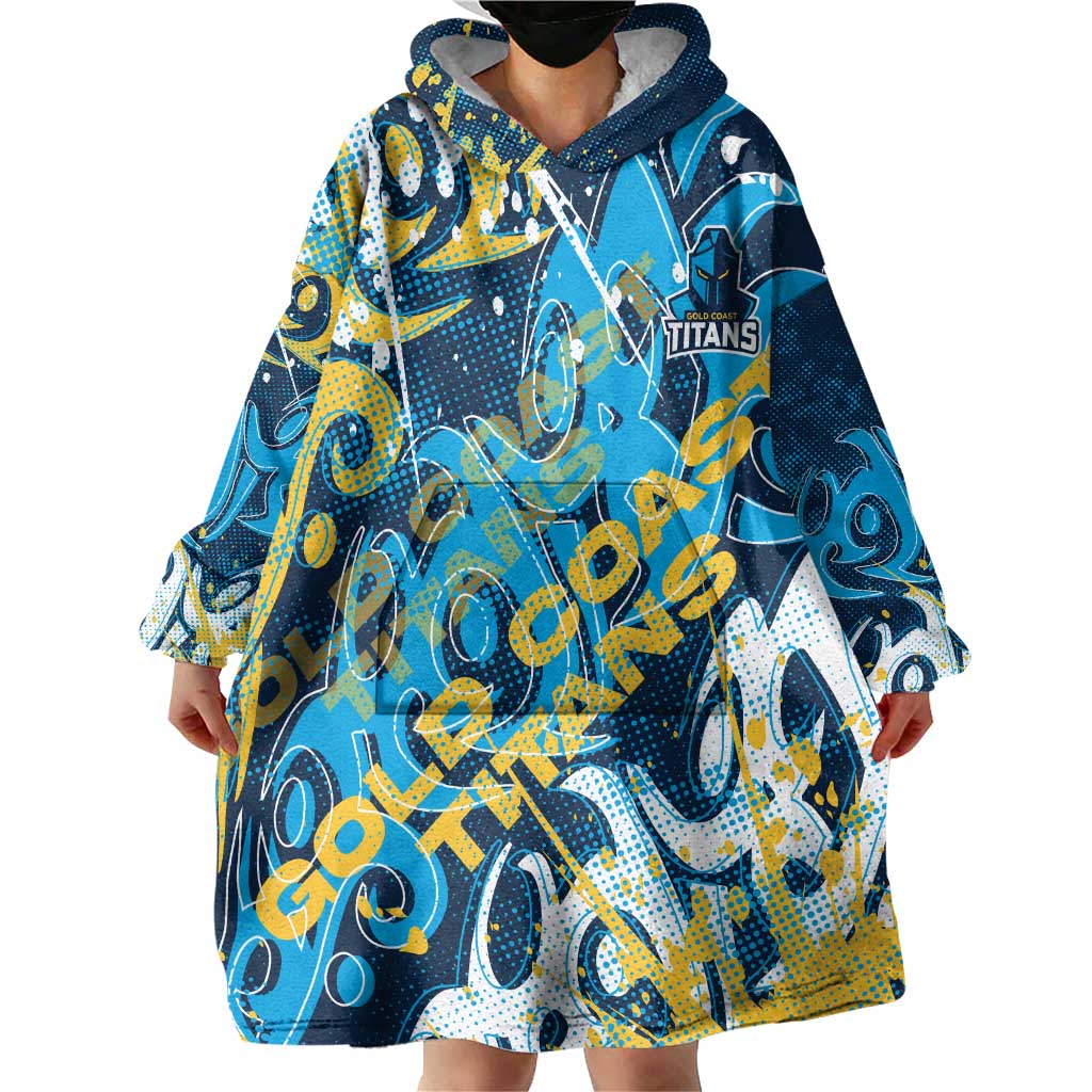 Personalized Gold Coast Titans Rugby Wearable Blanket Hoodie Urban Street Graffiti Style - Distressed Splatter Elements
