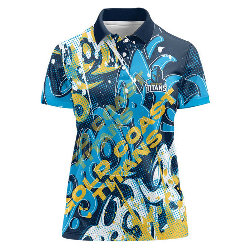 Personalized Gold Coast Titans Rugby Women Polo Shirt Urban Street Graffiti Style - Distressed Splatter Elements