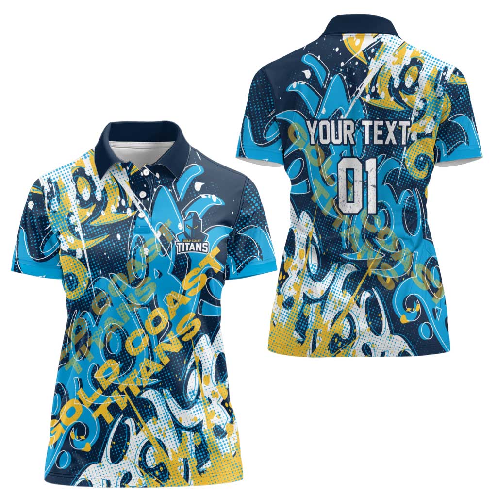 Personalized Gold Coast Titans Rugby Women Polo Shirt Urban Street Graffiti Style - Distressed Splatter Elements