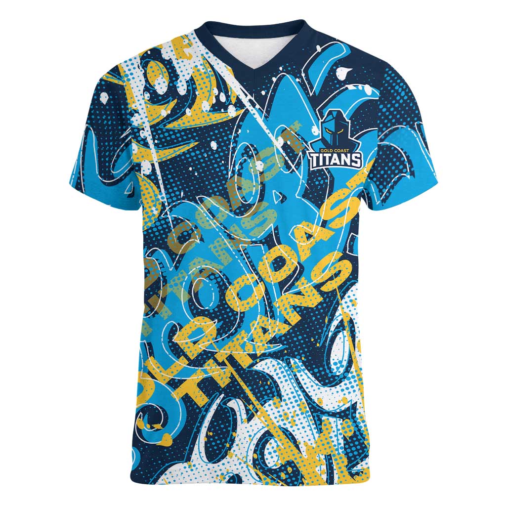 Personalized Gold Coast Titans Rugby Women V-Neck T-Shirt Urban Street Graffiti Style - Distressed Splatter Elements