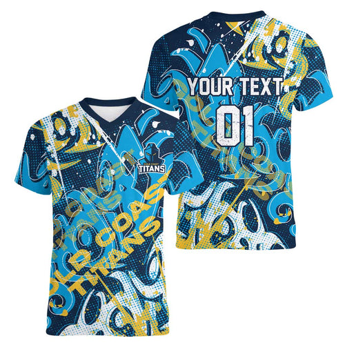 Personalized Gold Coast Titans Rugby Women V-Neck T-Shirt Urban Street Graffiti Style - Distressed Splatter Elements