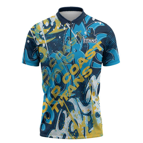 Personalized Gold Coast Titans Rugby Zipper Polo Shirt Urban Street Graffiti Style - Distressed Splatter Elements