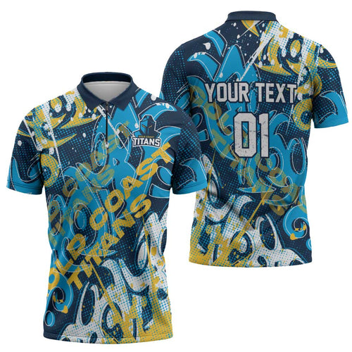 Personalized Gold Coast Titans Rugby Zipper Polo Shirt Urban Street Graffiti Style - Distressed Splatter Elements