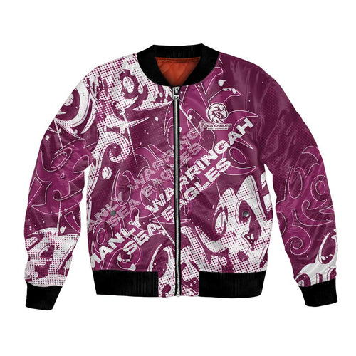 Personalized Manly Warringah Sea Eagles Rugby Bomber Jacket Urban Street Graffiti Style - Distressed Splatter Elements