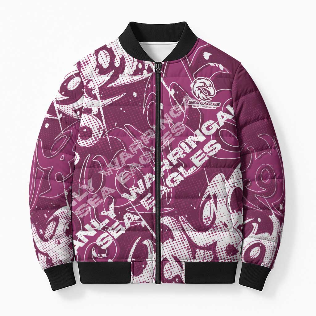 Personalized Manly Warringah Sea Eagles Rugby Bomber Puffer Jacket Urban Street Graffiti Style - Distressed Splatter Elements