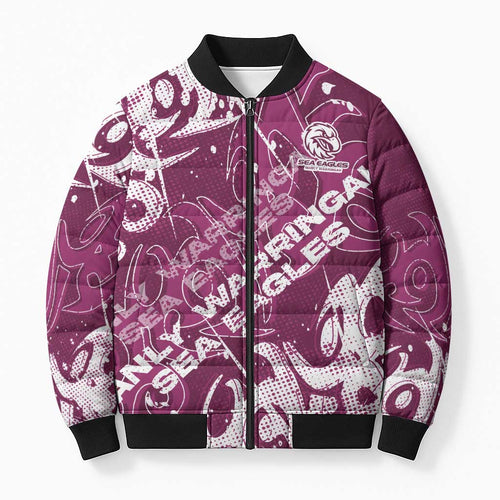Personalized Manly Warringah Sea Eagles Rugby Bomber Puffer Jacket Urban Street Graffiti Style - Distressed Splatter Elements