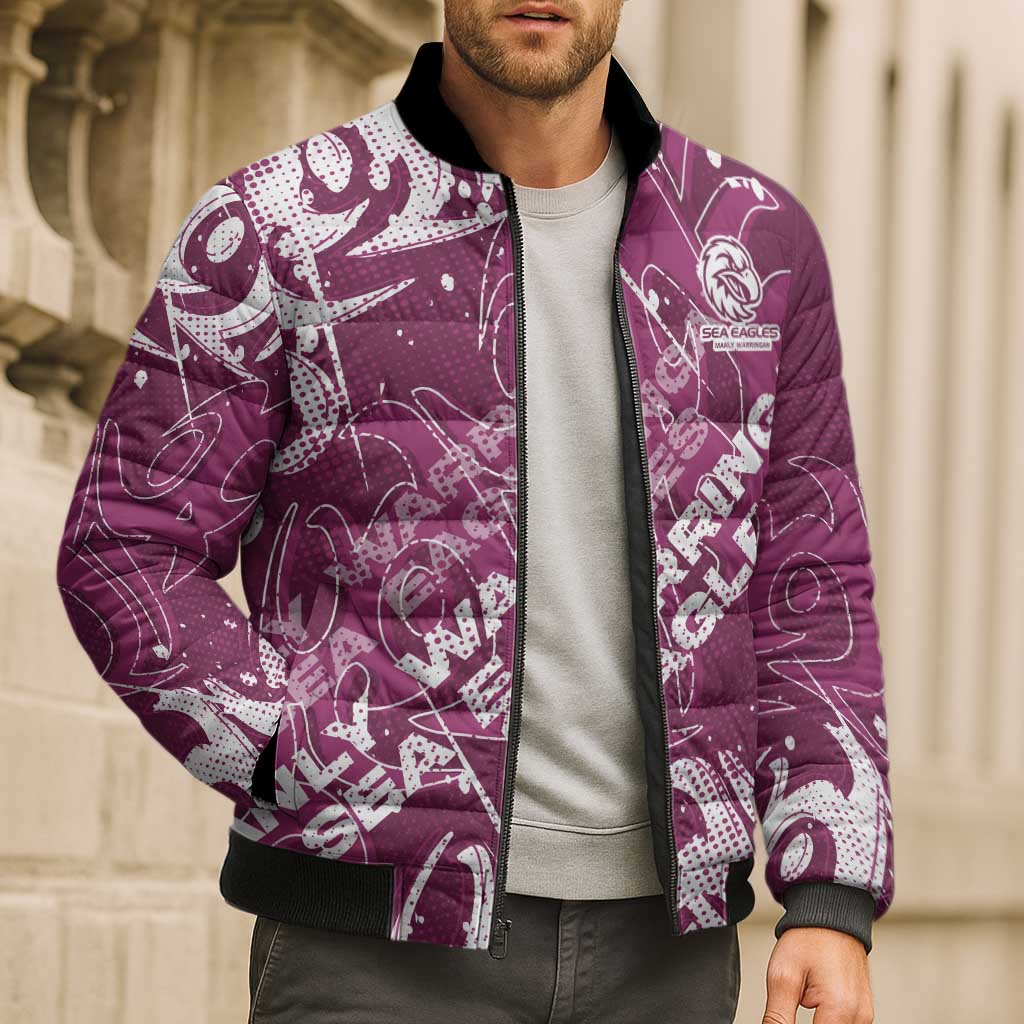 Personalized Manly Warringah Sea Eagles Rugby Bomber Puffer Jacket Urban Street Graffiti Style - Distressed Splatter Elements