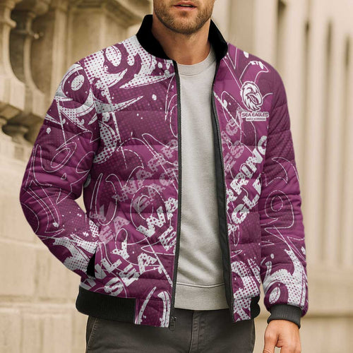Personalized Manly Warringah Sea Eagles Rugby Bomber Puffer Jacket Urban Street Graffiti Style - Distressed Splatter Elements