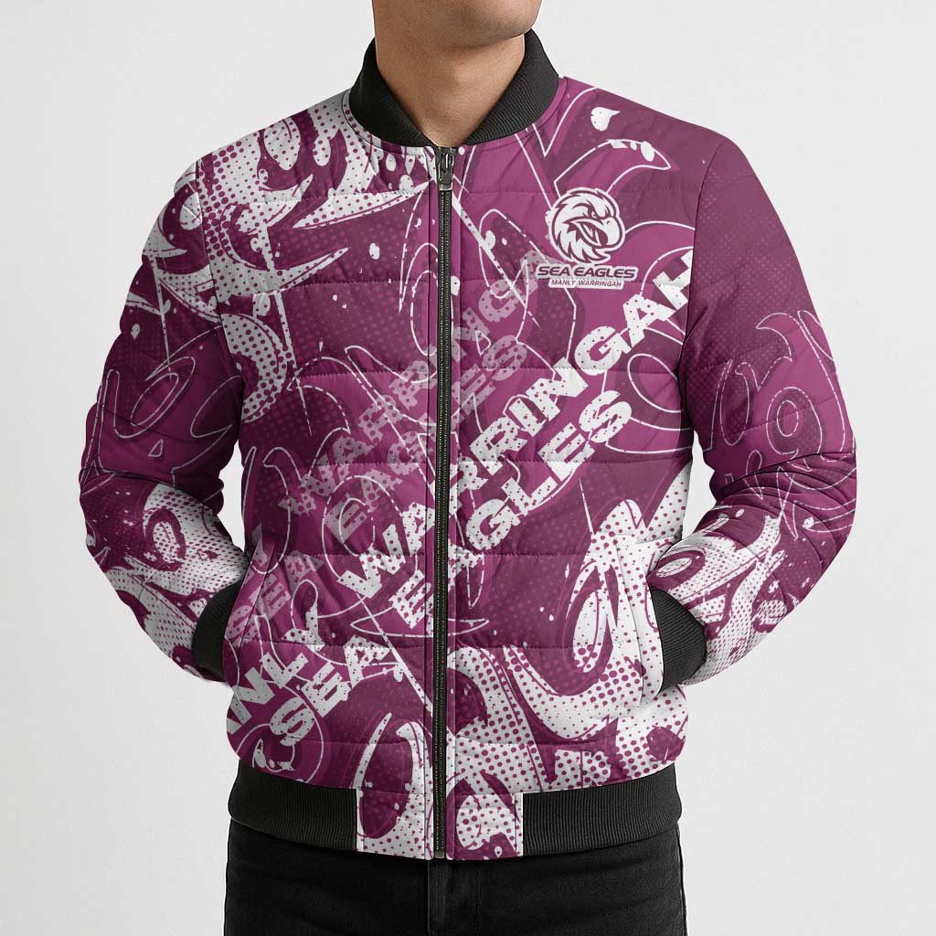 Personalized Manly Warringah Sea Eagles Rugby Bomber Puffer Jacket Urban Street Graffiti Style - Distressed Splatter Elements
