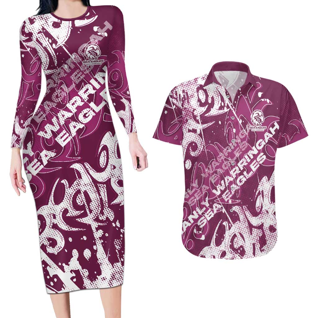 Personalized Manly Warringah Sea Eagles Rugby Couples Matching Long Sleeve Bodycon Dress and Hawaiian Shirt Urban Street Graffiti Style - Distressed Splatter Elements