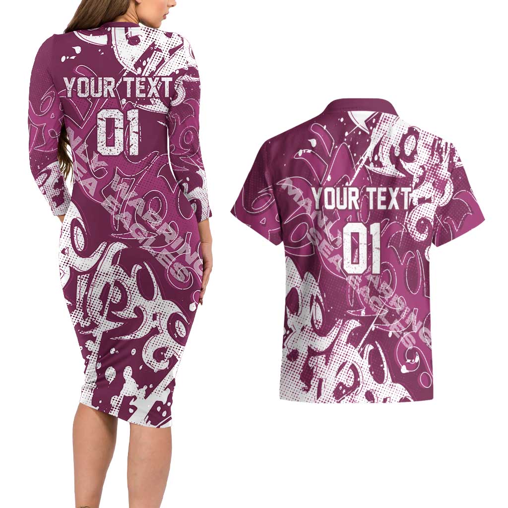 Personalized Manly Warringah Sea Eagles Rugby Couples Matching Long Sleeve Bodycon Dress and Hawaiian Shirt Urban Street Graffiti Style - Distressed Splatter Elements