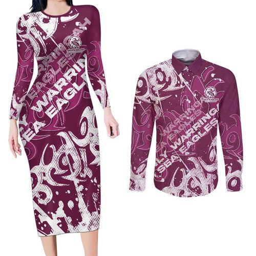 Personalized Manly Warringah Sea Eagles Rugby Couples Matching Long Sleeve Bodycon Dress and Long Sleeve Button Shirt Urban Street Graffiti Style - Distressed Splatter Elements