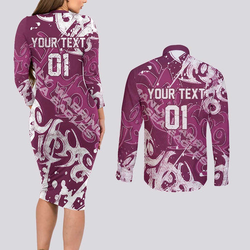 Personalized Manly Warringah Sea Eagles Rugby Couples Matching Long Sleeve Bodycon Dress and Long Sleeve Button Shirt Urban Street Graffiti Style - Distressed Splatter Elements