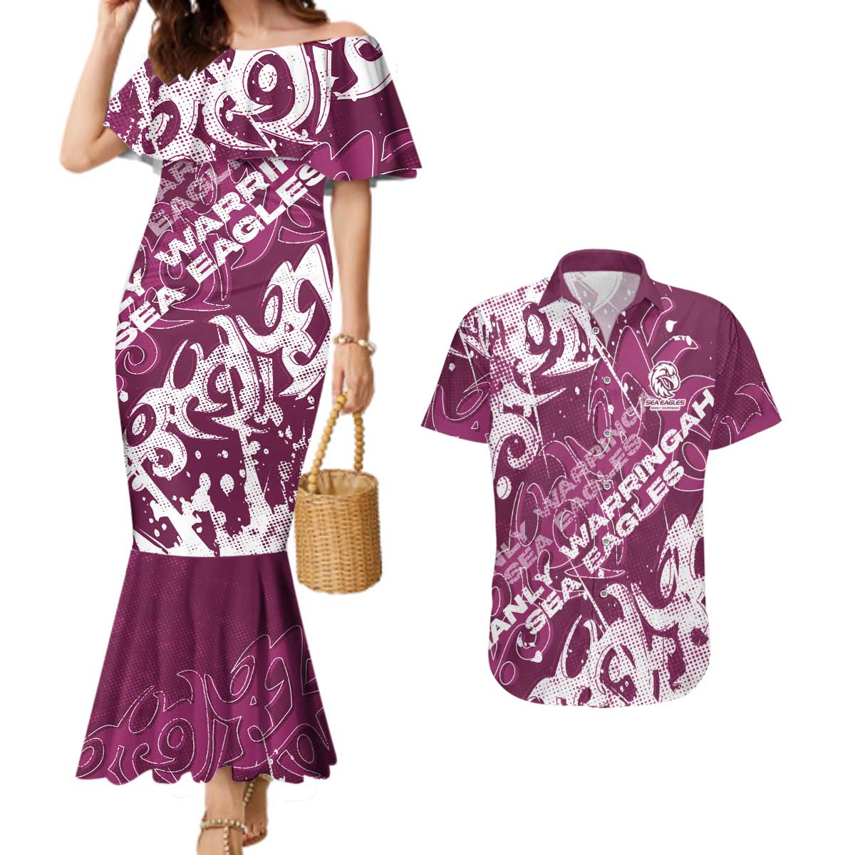 Personalized Manly Warringah Sea Eagles Rugby Couples Matching Mermaid Dress and Hawaiian Shirt Urban Street Graffiti Style - Distressed Splatter Elements