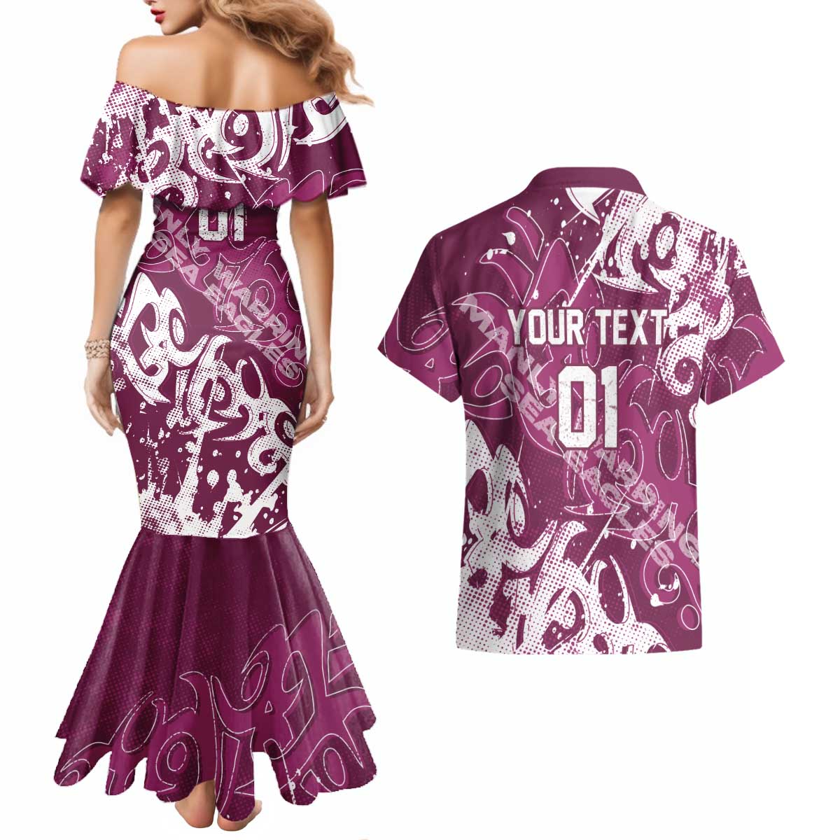 Personalized Manly Warringah Sea Eagles Rugby Couples Matching Mermaid Dress and Hawaiian Shirt Urban Street Graffiti Style - Distressed Splatter Elements