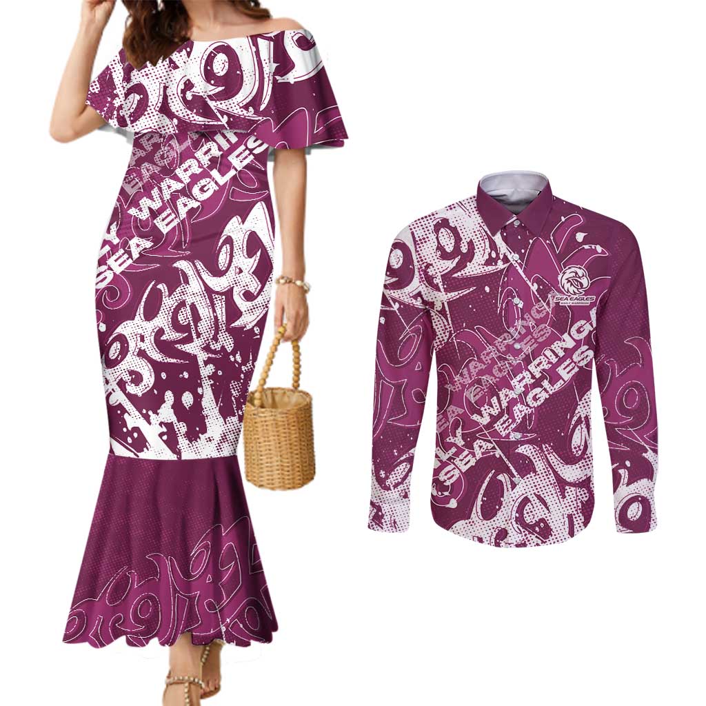 Personalized Manly Warringah Sea Eagles Rugby Couples Matching Mermaid Dress and Long Sleeve Button Shirt Urban Street Graffiti Style - Distressed Splatter Elements