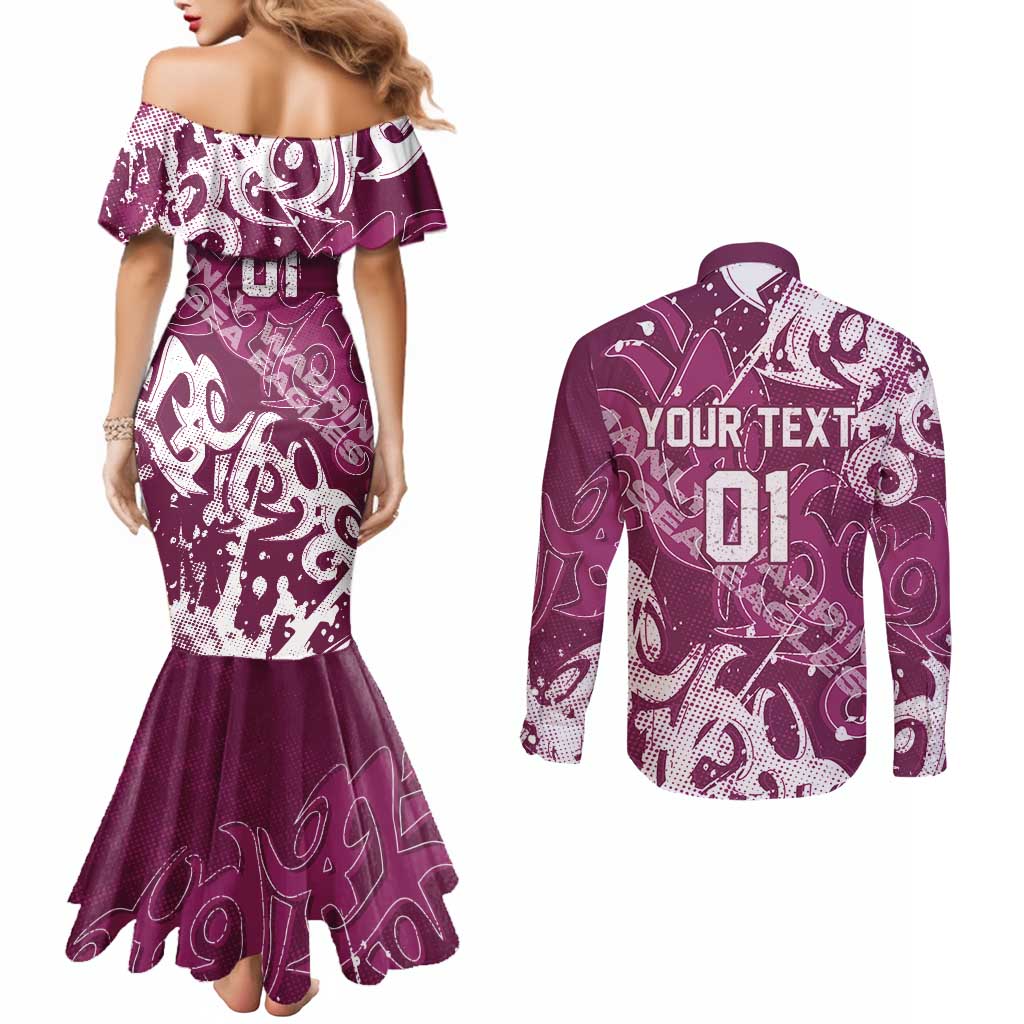 Personalized Manly Warringah Sea Eagles Rugby Couples Matching Mermaid Dress and Long Sleeve Button Shirt Urban Street Graffiti Style - Distressed Splatter Elements