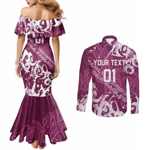 Personalized Manly Warringah Sea Eagles Rugby Couples Matching Mermaid Dress and Long Sleeve Button Shirt Urban Street Graffiti Style - Distressed Splatter Elements