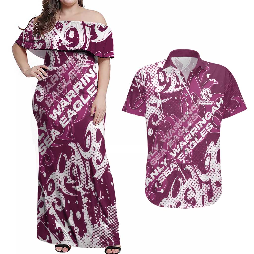 Personalized Manly Warringah Sea Eagles Rugby Couples Matching Off Shoulder Maxi Dress and Hawaiian Shirt Urban Street Graffiti Style - Distressed Splatter Elements