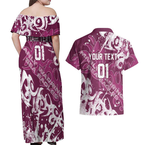 Personalized Manly Warringah Sea Eagles Rugby Couples Matching Off Shoulder Maxi Dress and Hawaiian Shirt Urban Street Graffiti Style - Distressed Splatter Elements