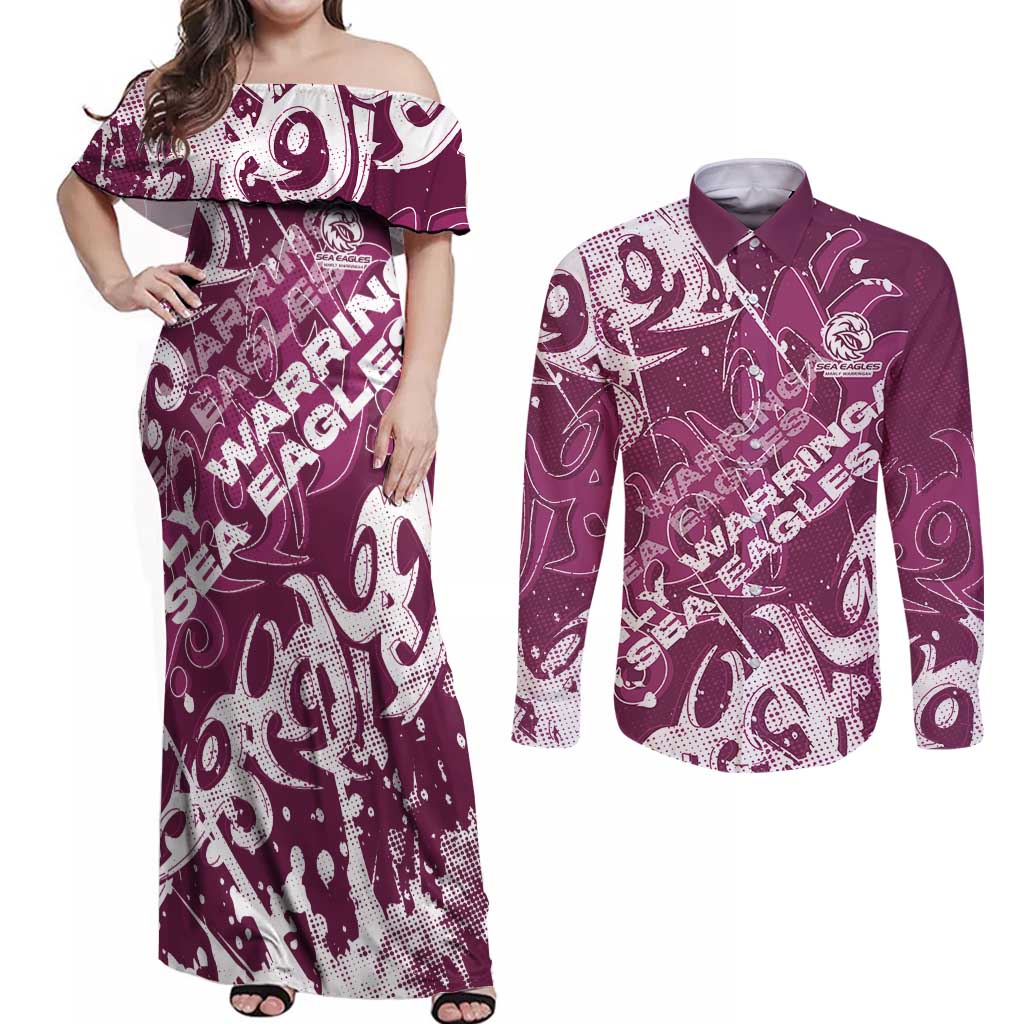 Personalized Manly Warringah Sea Eagles Rugby Couples Matching Off Shoulder Maxi Dress and Long Sleeve Button Shirt Urban Street Graffiti Style - Distressed Splatter Elements
