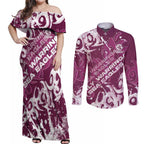 Personalized Manly Warringah Sea Eagles Rugby Couples Matching Off Shoulder Maxi Dress and Long Sleeve Button Shirt Urban Street Graffiti Style - Distressed Splatter Elements