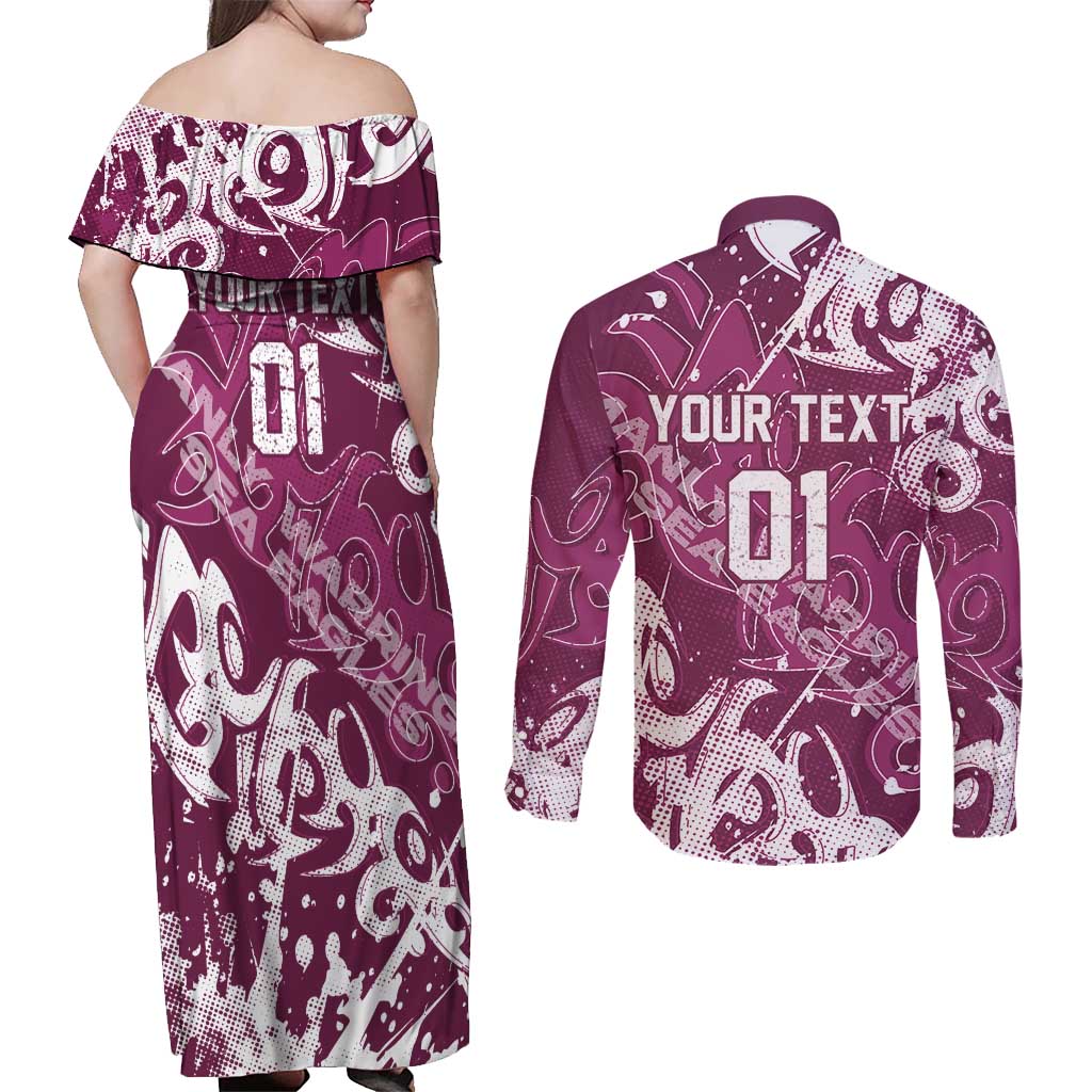 Personalized Manly Warringah Sea Eagles Rugby Couples Matching Off Shoulder Maxi Dress and Long Sleeve Button Shirt Urban Street Graffiti Style - Distressed Splatter Elements