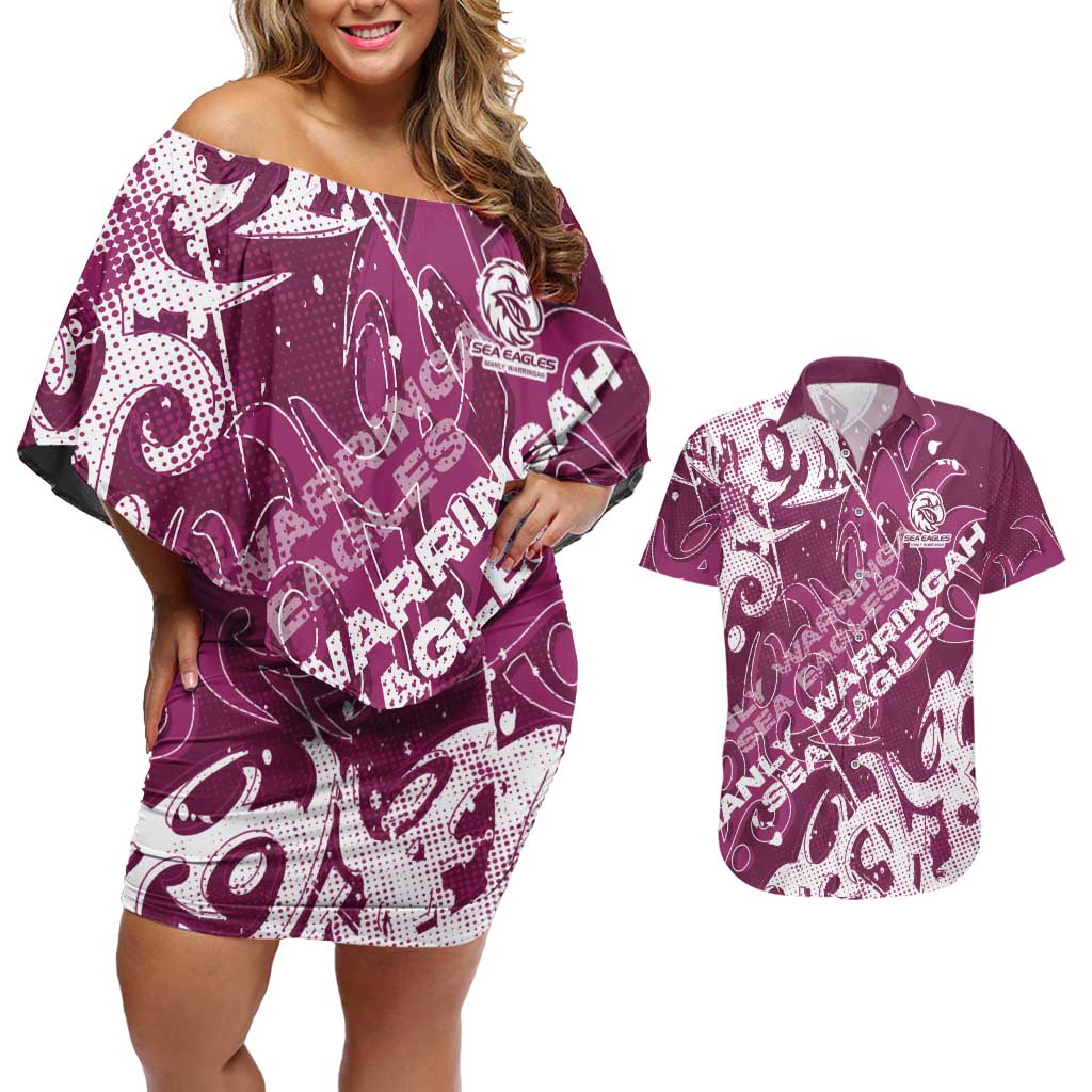 Personalized Manly Warringah Sea Eagles Rugby Couples Matching Off Shoulder Short Dress and Hawaiian Shirt Urban Street Graffiti Style - Distressed Splatter Elements