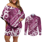 Personalized Manly Warringah Sea Eagles Rugby Couples Matching Off Shoulder Short Dress and Long Sleeve Button Shirt Urban Street Graffiti Style - Distressed Splatter Elements