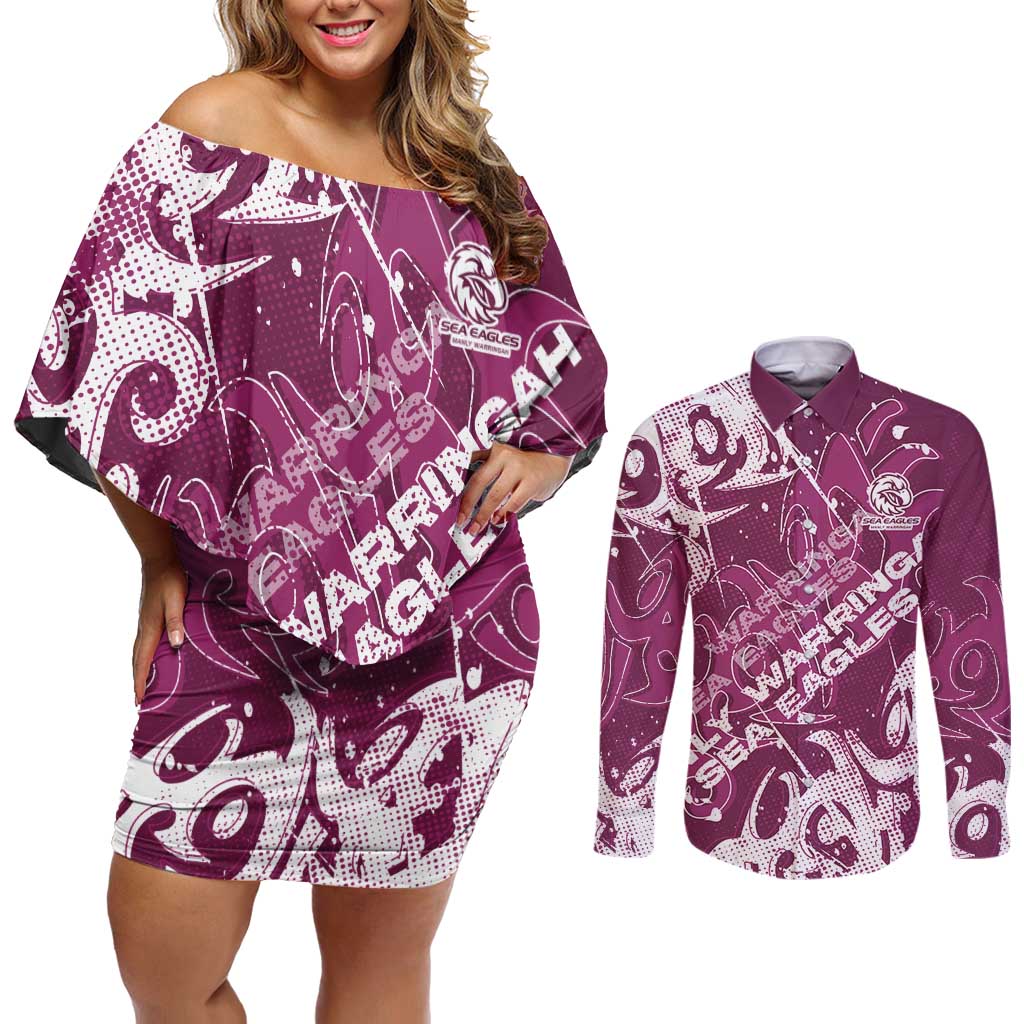 Personalized Manly Warringah Sea Eagles Rugby Couples Matching Off Shoulder Short Dress and Long Sleeve Button Shirt Urban Street Graffiti Style - Distressed Splatter Elements