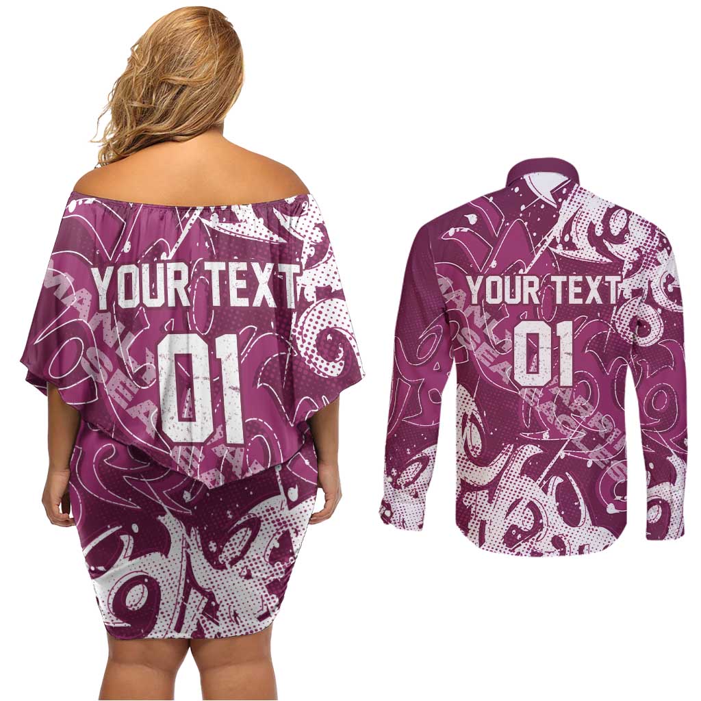 Personalized Manly Warringah Sea Eagles Rugby Couples Matching Off Shoulder Short Dress and Long Sleeve Button Shirt Urban Street Graffiti Style - Distressed Splatter Elements