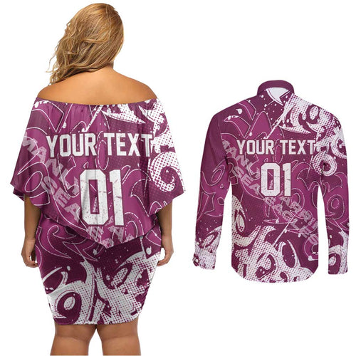 Personalized Manly Warringah Sea Eagles Rugby Couples Matching Off Shoulder Short Dress and Long Sleeve Button Shirt Urban Street Graffiti Style - Distressed Splatter Elements