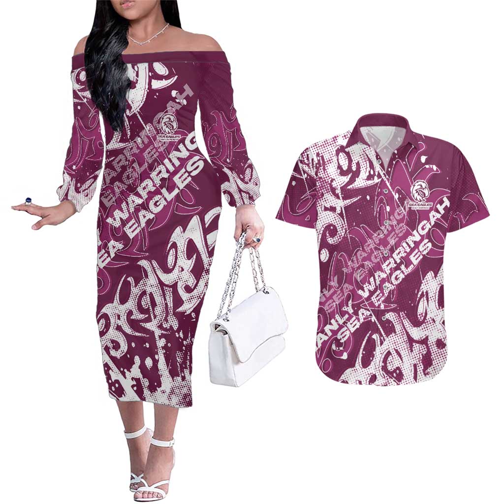 Personalized Manly Warringah Sea Eagles Rugby Couples Matching Off The Shoulder Long Sleeve Dress and Hawaiian Shirt Urban Street Graffiti Style - Distressed Splatter Elements
