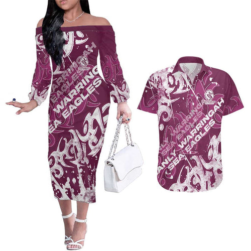 Personalized Manly Warringah Sea Eagles Rugby Couples Matching Off The Shoulder Long Sleeve Dress and Hawaiian Shirt Urban Street Graffiti Style - Distressed Splatter Elements