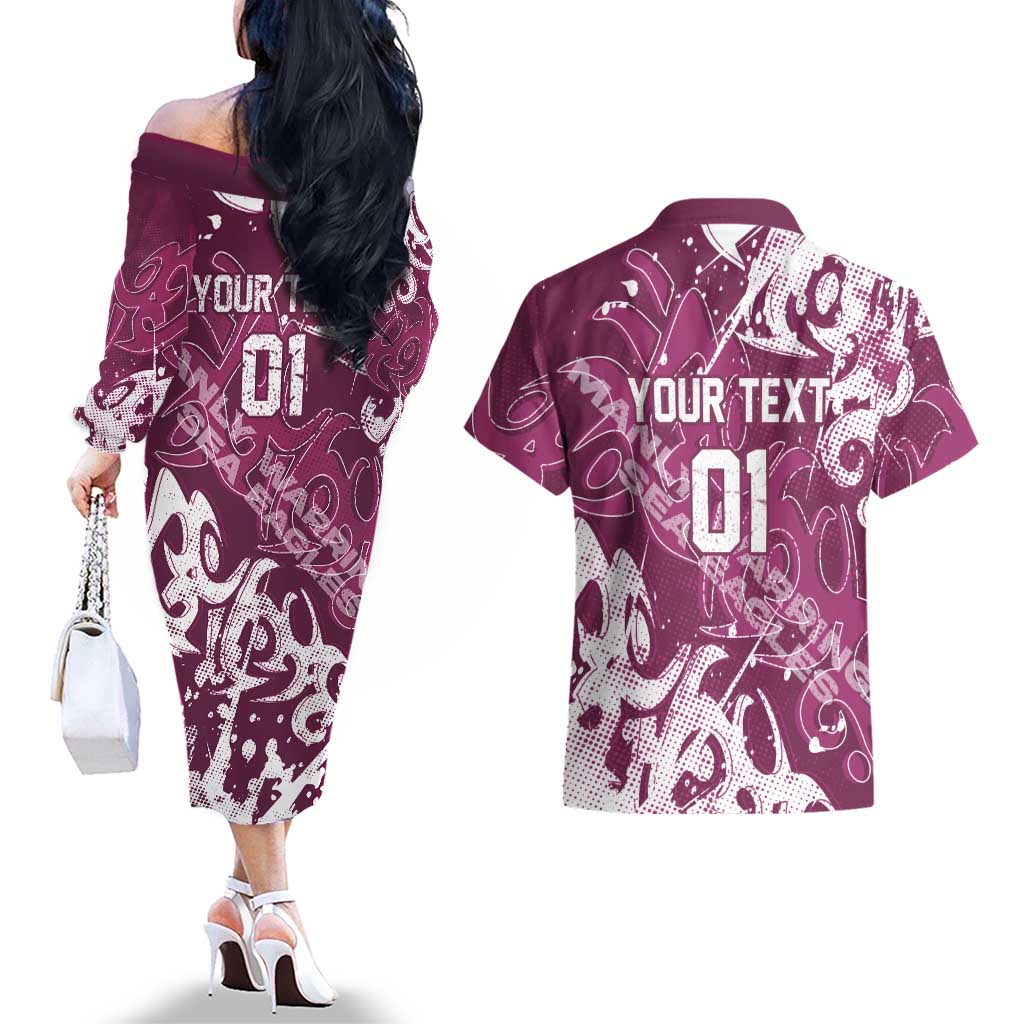 Personalized Manly Warringah Sea Eagles Rugby Couples Matching Off The Shoulder Long Sleeve Dress and Hawaiian Shirt Urban Street Graffiti Style - Distressed Splatter Elements