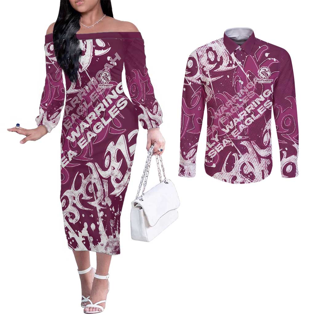 Personalized Manly Warringah Sea Eagles Rugby Couples Matching Off The Shoulder Long Sleeve Dress and Long Sleeve Button Shirt Urban Street Graffiti Style - Distressed Splatter Elements